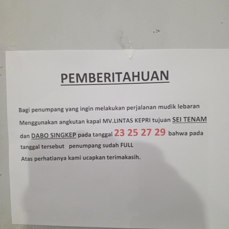 Tiket Kapal Batam dan Tanjunginang ke Kabupaten Lingga Habis, Ratusan Orang Terancam Gagal Mudik