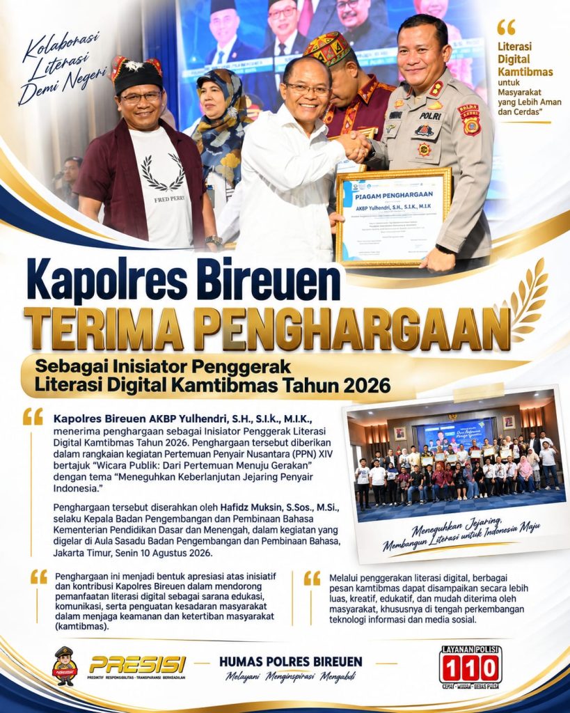 Kapolres Bireuen Terima Penghargaan sebagai Inisiator Penggerak Literasi Digital Kamtibmas Tahun 2026