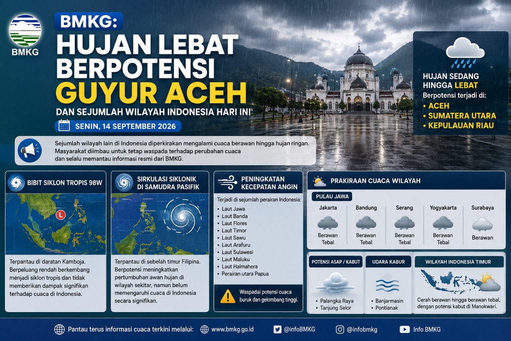 Hujan Lebat Berpotensi Terjadi di Aceh Hari Ini, BMKG Pantau Bibit Siklon 98W